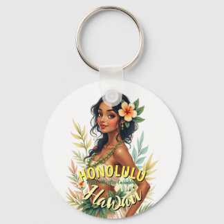 Vintage Style Hawaii Travel Honolulu Hula Girl Key Ring