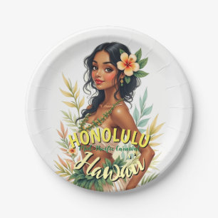 Vintage Style Hawaii Travel Honolulu Hula Girl Paper Plate