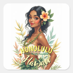 Vintage Style Hawaii Travel Honolulu Hula Girl Square Sticker
