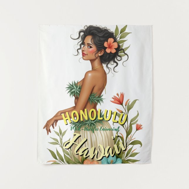 Vintage Style Hawaii Travel Honolulu Hula Girl Tapestry (Front)
