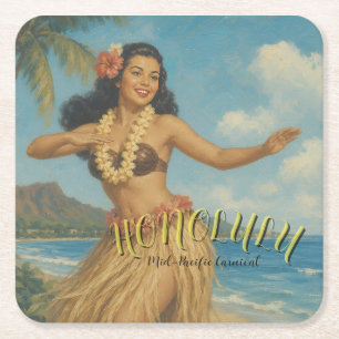 Vintage Style Hawaii Travel Square Paper Coaster
