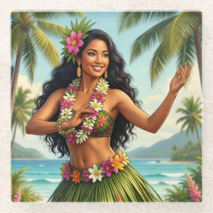 Vintage Style Hawaiian Hula Girl Travel Glass Coaster