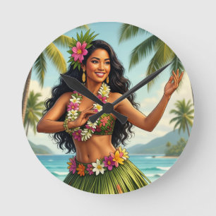 Vintage Style Hawaiian Hula Girl Travel Round Clock
