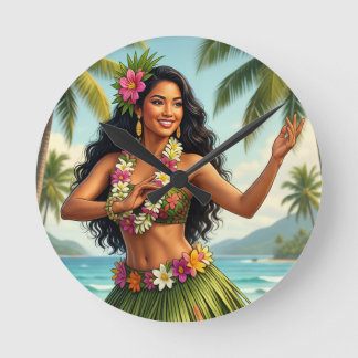 Vintage Style Hawaiian Hula Girl Travel Round Clock