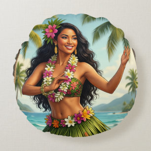 Vintage Style Hawaiian Hula Girl Travel Round Cushion