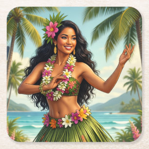 Vintage Style Hawaiian Hula Girl Travel Square Paper Coaster