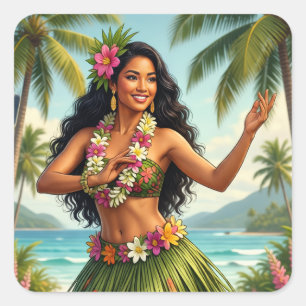 Vintage Style Hawaiian Hula Girl Travel Square Sticker