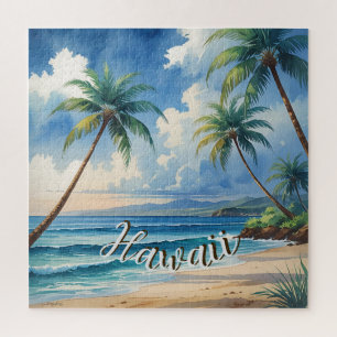 Vintage Style Hawaiian Travel Coast Blue Sea Jigsaw Puzzle