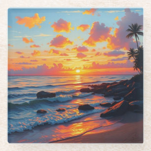 Vintage Style Hawaiian Travel Coast Sea Sunset Glass Coaster