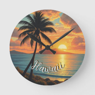 Vintage Style Hawaiian Travel Coast Sea Sunset Round Clock