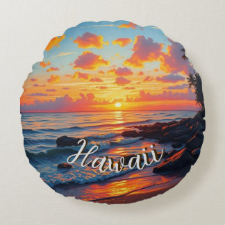 Vintage Style Hawaiian Travel Coast Sea Sunset Round Cushion
