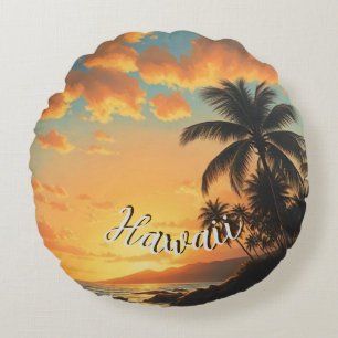 Vintage Style Hawaiian Travel Coast Sea Sunset Round Cushion