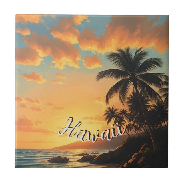 Vintage Style Hawaiian Travel Coast Sea Sunset Tile (Front)