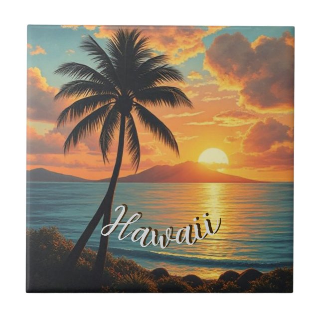 Vintage Style Hawaiian Travel Coast Sea Sunset Tile (Front)