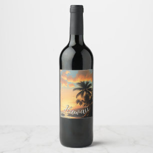 Vintage Style Hawaiian Travel Coast Sea Sunset Wine Label