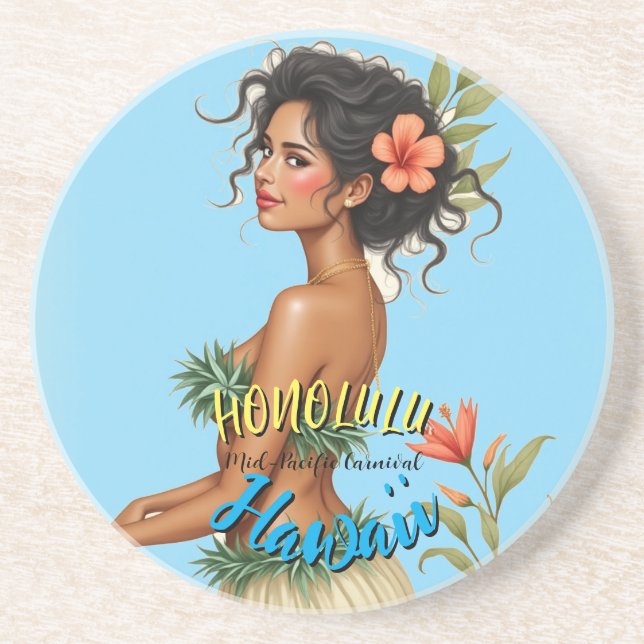 Vintage Style Hawaiian Travel Honolulu Hula Girl Coaster (Front)