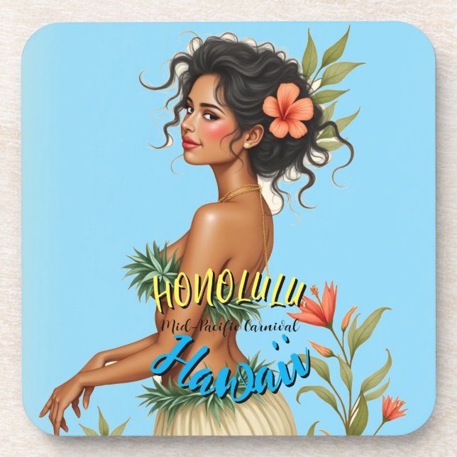 Vintage Style Hawaiian Travel Honolulu Hula Girl Coaster (Front)