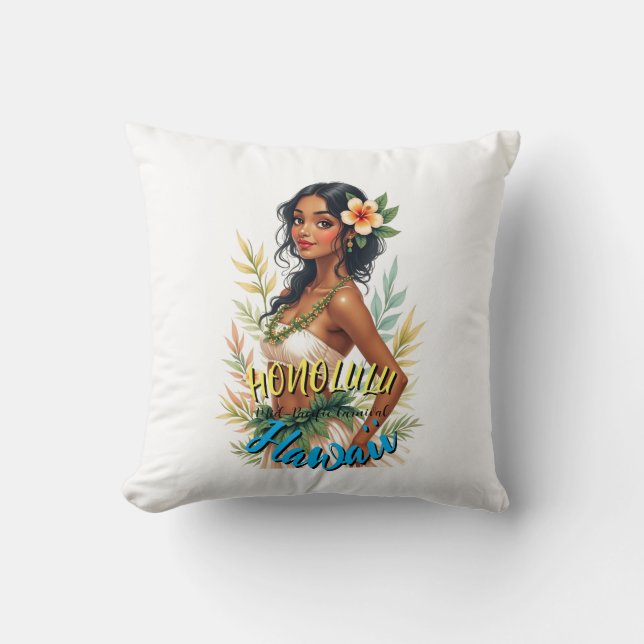 Vintage Style Hawaiian Travel Honolulu Hula Girl Cushion (Front)