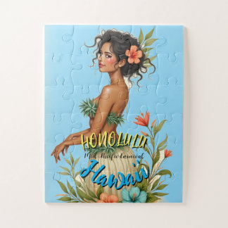 Vintage Style Hawaiian Travel Honolulu Hula Girl Jigsaw Puzzle
