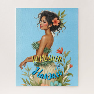 Vintage Style Hawaiian Travel Honolulu Hula Girl Jigsaw Puzzle