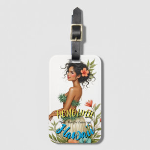 Vintage Style Hawaiian Travel Honolulu Hula Girl Luggage Tag