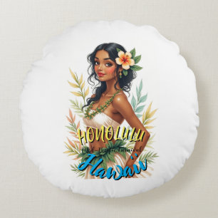 Vintage Style Hawaiian Travel Honolulu Hula Girl Round Cushion