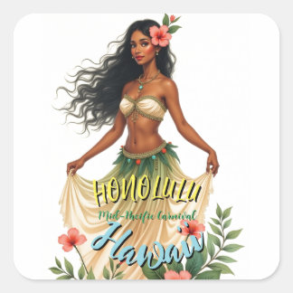 Vintage Style Hawaiian Travel Honolulu Hula Girl Square Sticker