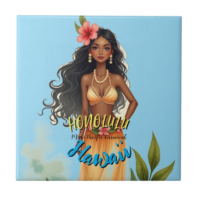 Vintage Style Hawaiian Travel Honolulu Hula Girl Tile (Front)