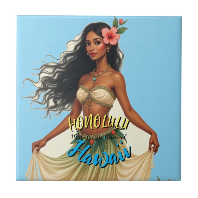 Vintage Style Hawaiian Travel Honolulu Hula Girl Tile (Front)