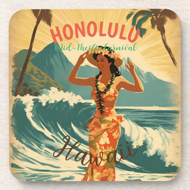 Vintage Style Hawaiian Travel Honolulu Mid-Pacific Coaster (Front)