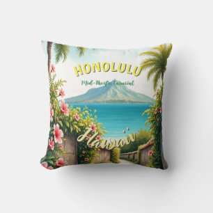 Vintage Style Hawaiian Travel Honolulu Mid-Pacific Cushion