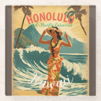 Vintage Style Hawaiian Travel Honolulu Mid-Pacific Glass Coaster