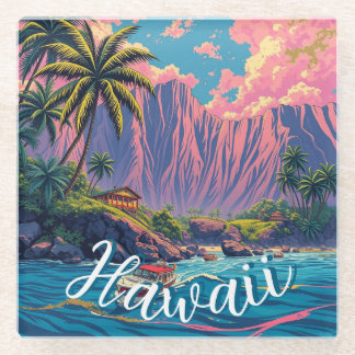 Vintage Style Hawaiian Travel Honolulu Mid-Pacific Glass Coaster