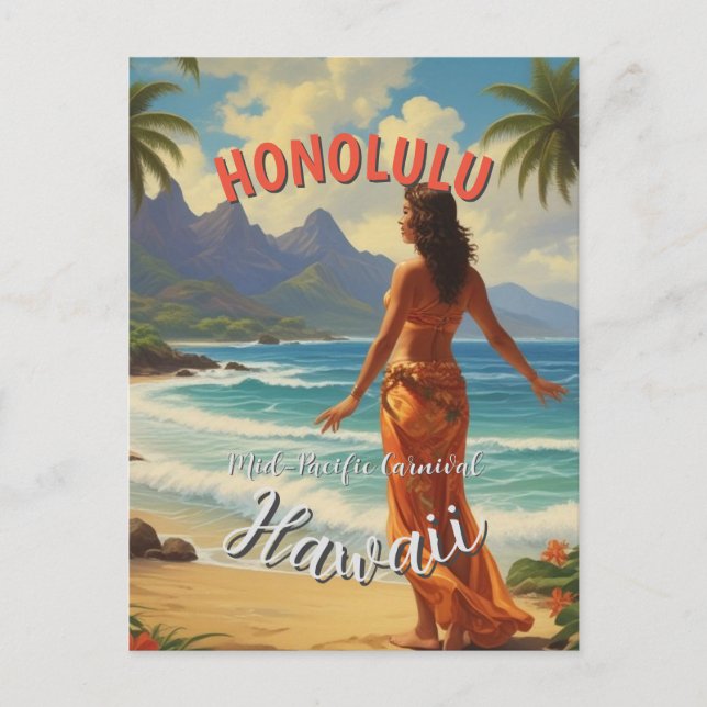 Vintage Style Hawaiian Travel Honolulu Mid-Pacific Postcard (Front)