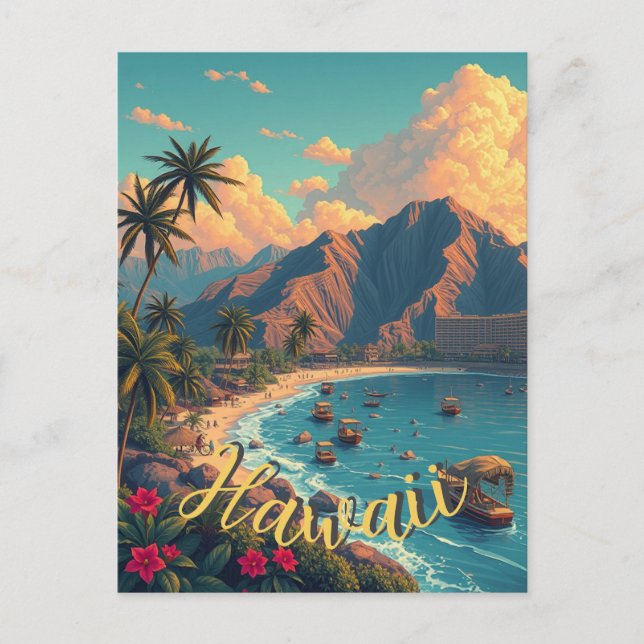 Vintage Style Hawaiian Travel Honolulu Mid-Pacific Postcard (Front)