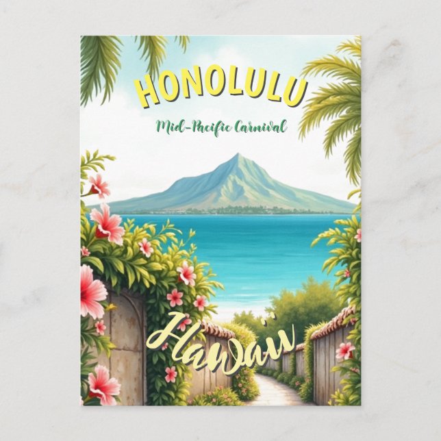 Vintage Style Hawaiian Travel Honolulu Mid-Pacific Postcard (Front)