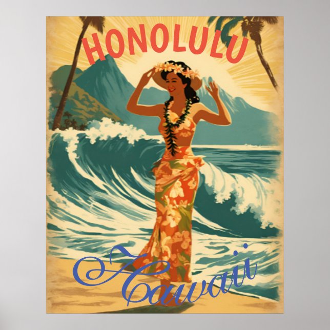 Vintage Style Hawaiian Travel Honolulu Mid-Pacific Poster (Front)