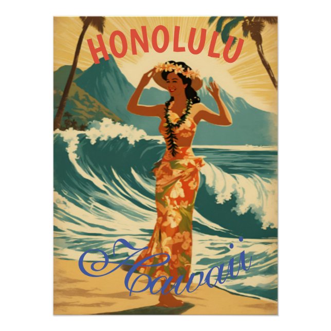 Vintage Style Hawaiian Travel Honolulu Mid-Pacific Poster (Front)