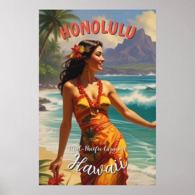 Vintage Style Hawaiian Travel Honolulu Mid-Pacific Poster (Front)