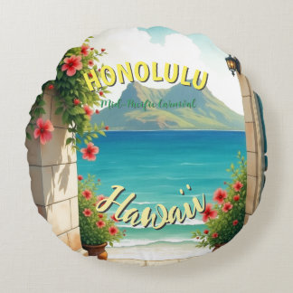Vintage Style Hawaiian Travel Honolulu Mid-Pacific Round Cushion