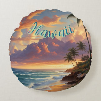 Vintage Style Hawaiian Travel Honolulu Mid-Pacific Round Cushion