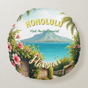 Vintage Style Hawaiian Travel Honolulu Mid-Pacific Round Cushion