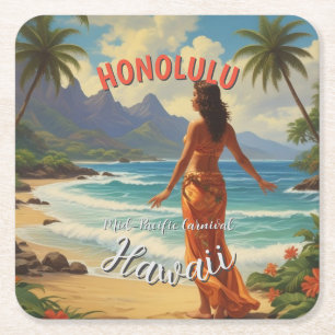 Vintage Style Hawaiian Travel Honolulu Mid-Pacific Square Paper Coaster