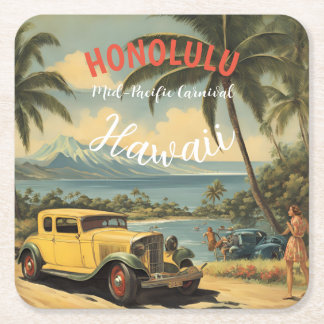 Vintage Style Hawaiian Travel Honolulu Mid-Pacific Square Paper Coaster