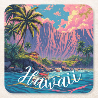 Vintage Style Hawaiian Travel Honolulu Mid-Pacific Square Paper Coaster