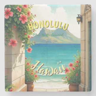 Vintage Style Hawaiian Travel Honolulu Mid-Pacific Stone Coaster