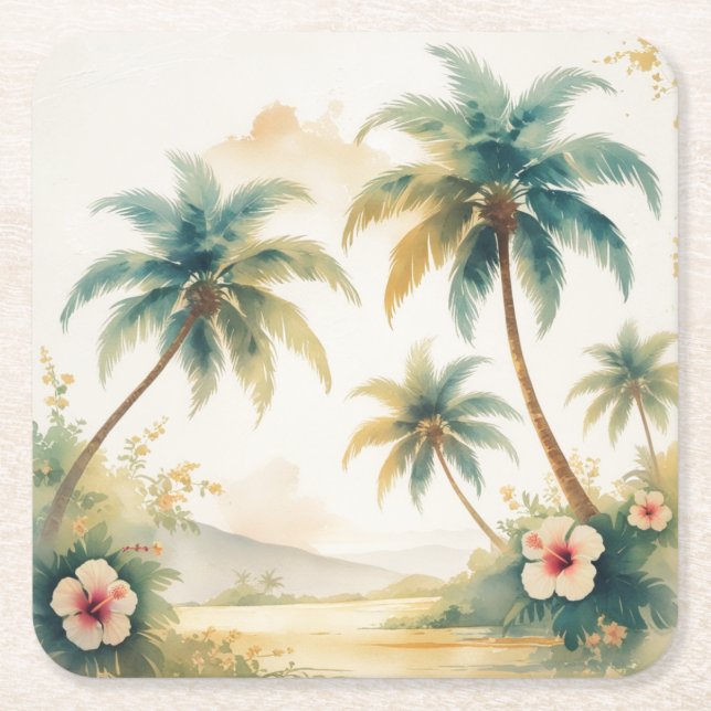 Vintage Style Hawaiian Travel Honolulu Square Paper Coaster (Front)