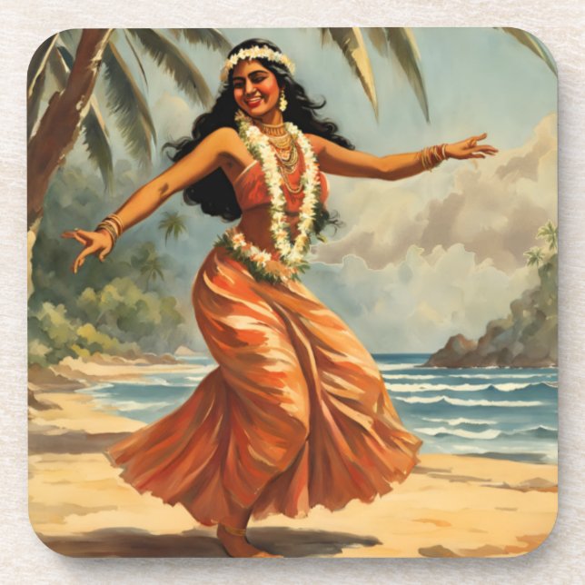 Vintage Style Hawaiian Travel Hula Girl Dancing Coaster (Front)