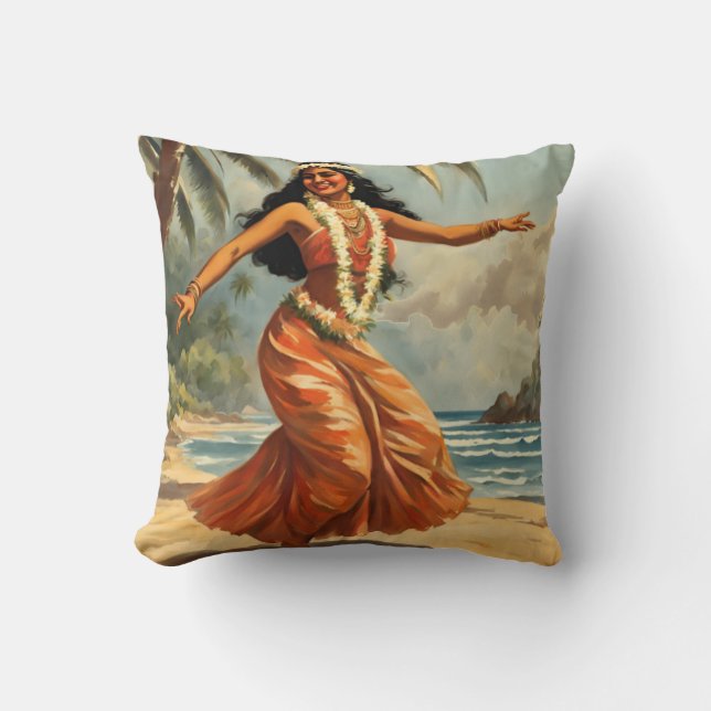 Vintage Style Hawaiian Travel Hula Girl Dancing Cushion (Front)