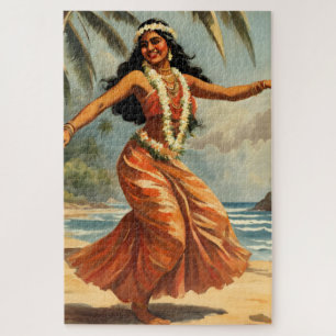 Vintage Style Hawaiian Travel Hula Girl Dancing Jigsaw Puzzle